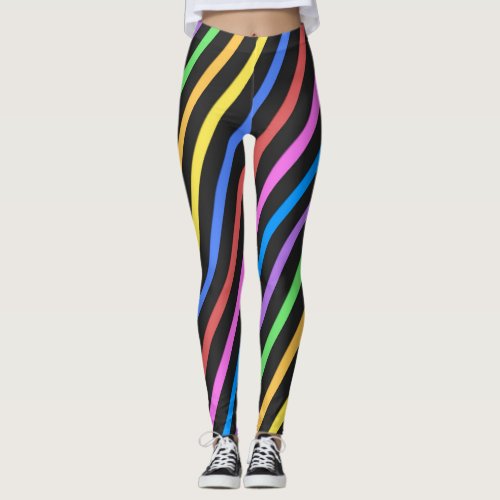 Purple Yellow Blue Black trippy stripes Leggings