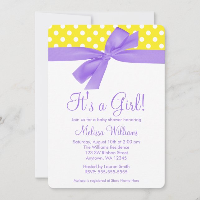 Purple Yellow Bow Polka Dot Baby Shower Invitation (Front)
