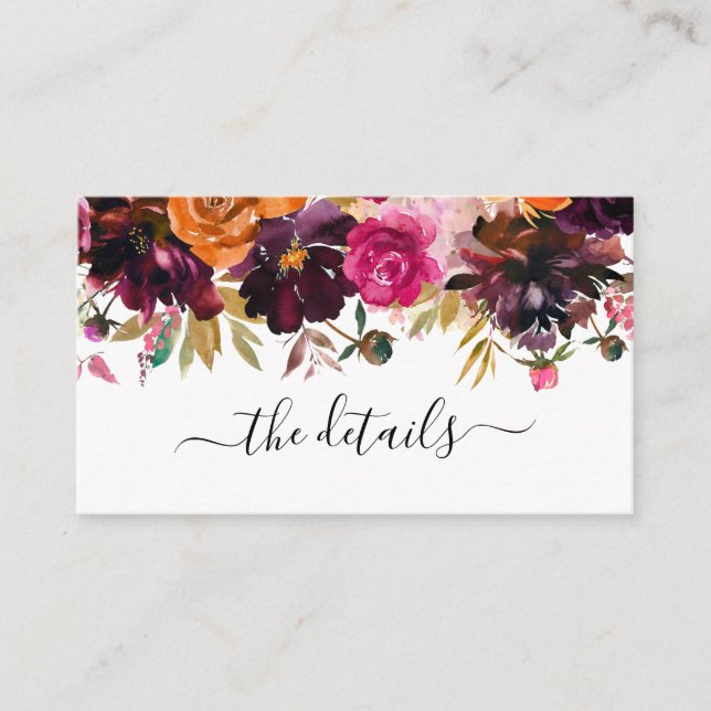 Purple Yellow Burgundy Rose Floral Wedding Details Enclosure Card (Front)