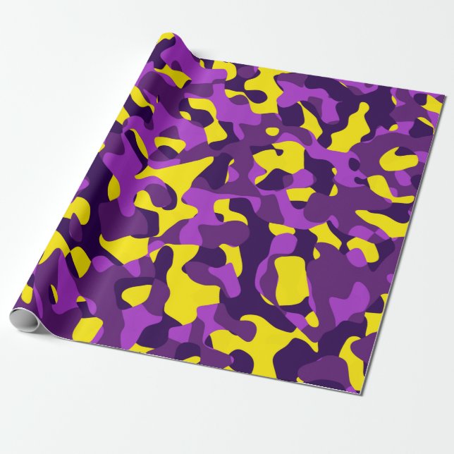 Purple Yellow Camouflage Print Pattern Wrapping Paper (Unrolled)