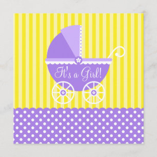 Purple Yellow Carriage Dots Girl Baby Shower Invitation