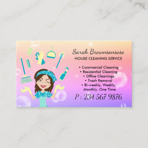 Purple Yellow Cartoon Maid House Cleaning Service Business Card