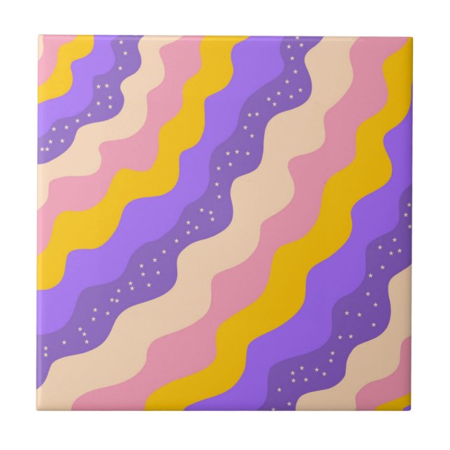 Purple Yellow Celestial Stripe Groovy Abstract  Ceramic Tile (Front)
