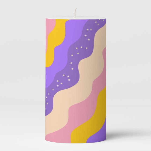 Purple Yellow Celestial Stripe Groovy Abstract Pillar Candle (Front)