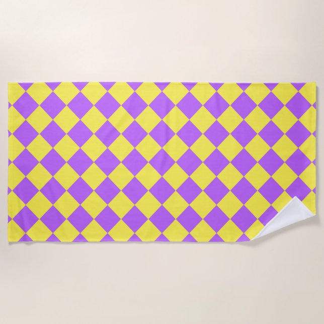 Purple Yellow Checker Diamond Pattern  Beach Towel (Front)