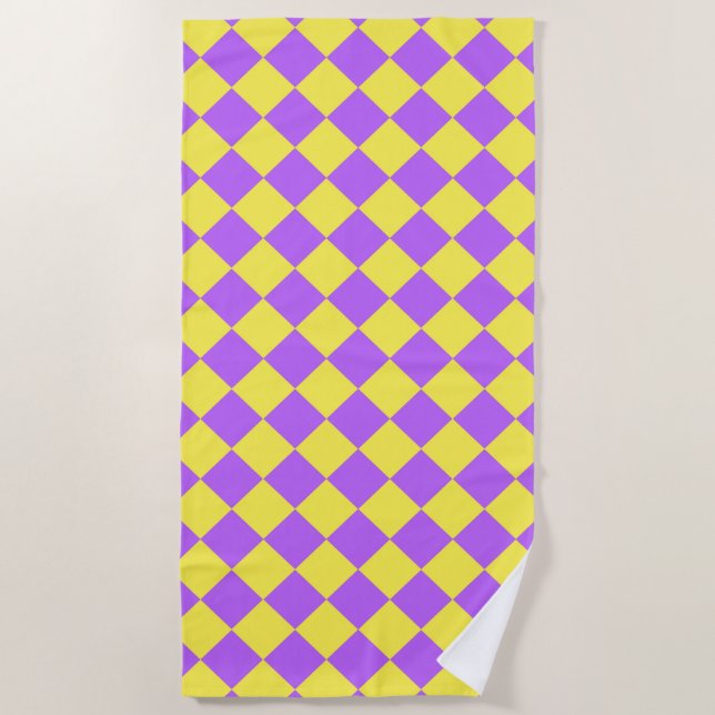 Purple Yellow Checker Diamond Pattern  Beach Towel (Front)