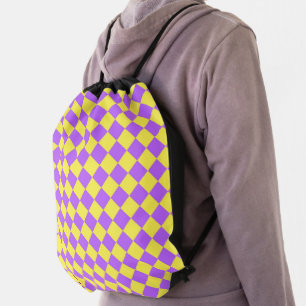 Purple Yellow Checker Diamond Pattern Drawstring Bag