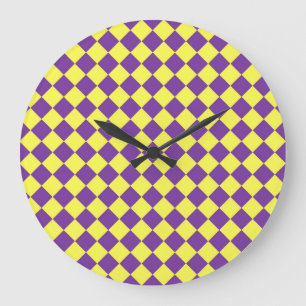 Purple Yellow Checker Diamond Pattern Large Clock