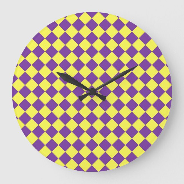 Purple Yellow Checker Diamond Pattern Large Clock (Front)