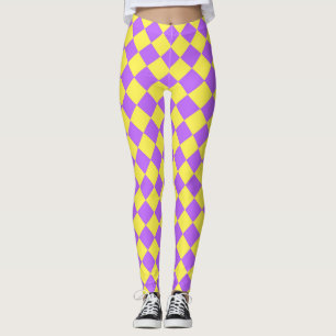 Purple Yellow Checker Diamond Pattern Leggings