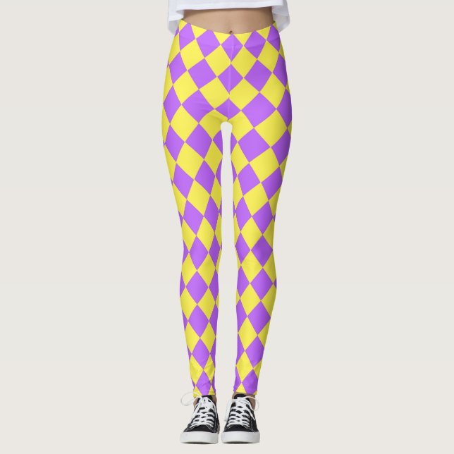 Purple Yellow Checker Diamond Pattern  Leggings (Front)