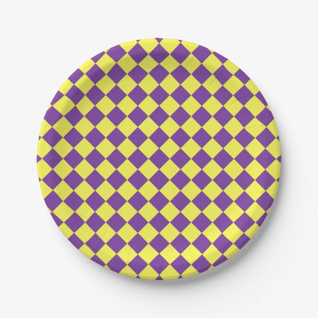 Purple Yellow Checker Diamond Pattern Paper Plates (Front)