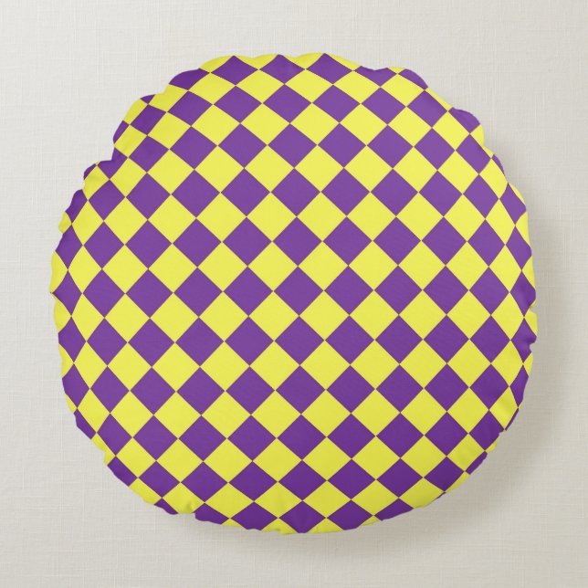 Purple Yellow Checker Diamond Pattern  Round Pillow (Front)