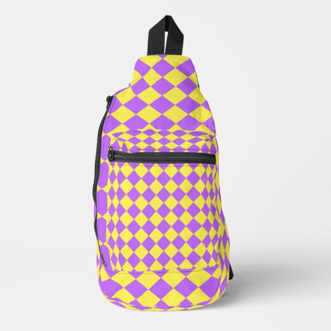 Purple Yellow Checker Diamond Pattern Sling Bag (Front)