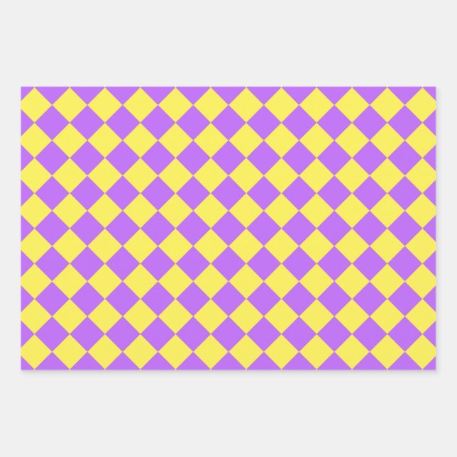 Purple Yellow Checker Diamond Pattern Wrapping Paper Sheets (Front)