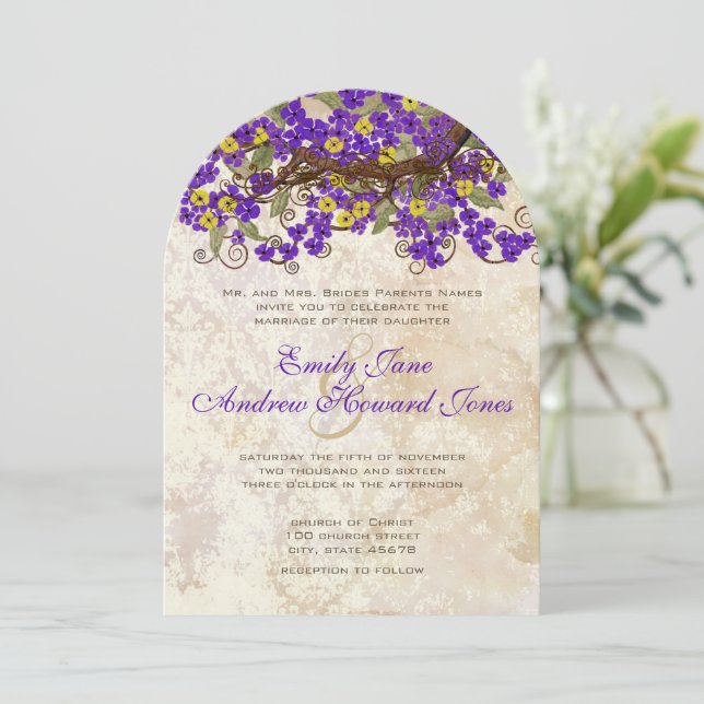 Purple Yellow Cherry Blossom Tea Stain Invitations (Standing Front)