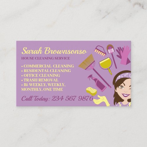 Purple Yellow Clean Janitorial Lady House Cleaner Business Card