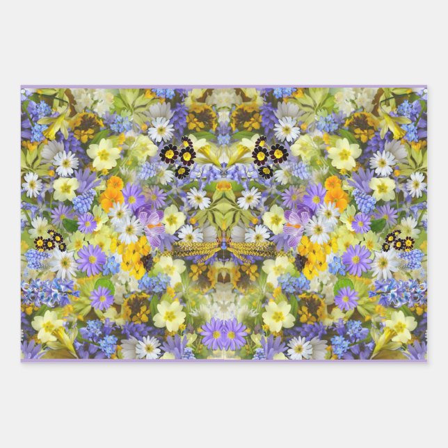 Purple Yellow Country Garden Flowers  Wrapping Paper Sheets (Front)