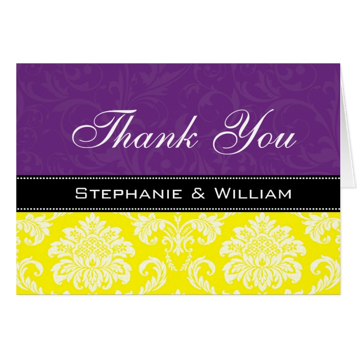 Purple Yellow Damask Wedding Thank You Cards