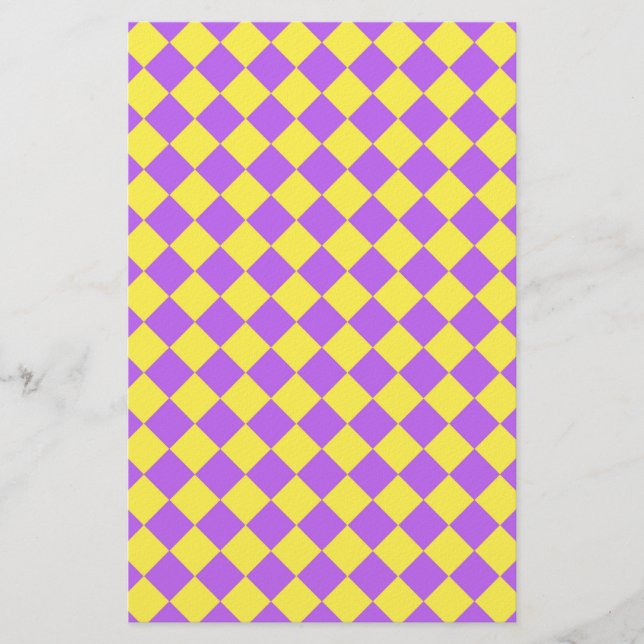 Purple Yellow Diamond Harlequin Checker Pattern Stationery (Front)
