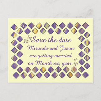 Purple Yellow Diamonds Butterflies Save the date Announcement Postcard