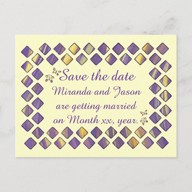 Purple Yellow Diamonds Butterflies Save the date Announcement Postcard (Front)