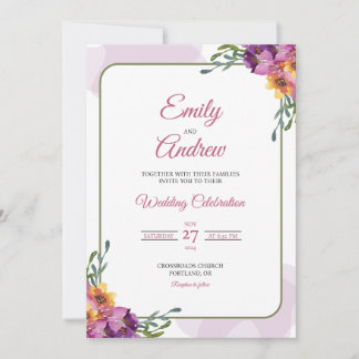 Purple Yellow Elegant Floral Watercolor Wedding Invitation
