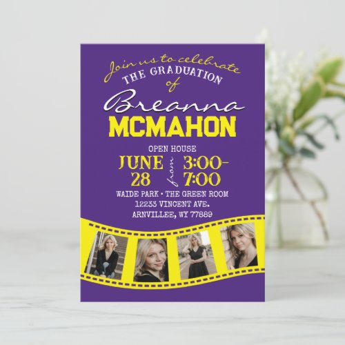 Purple  Yellow Filmstrip 5 Photo Graduation Invitation