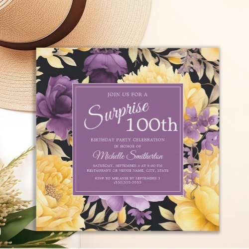 Purple Yellow Floral 100th Surprise Birthday Invitation