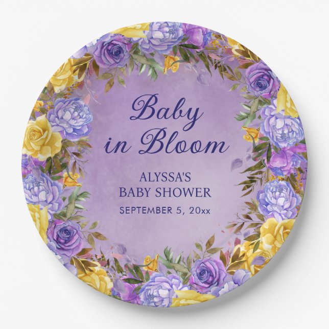 Purple Yellow Floral Baby in Bloom Shower  Paper Plates (Front)