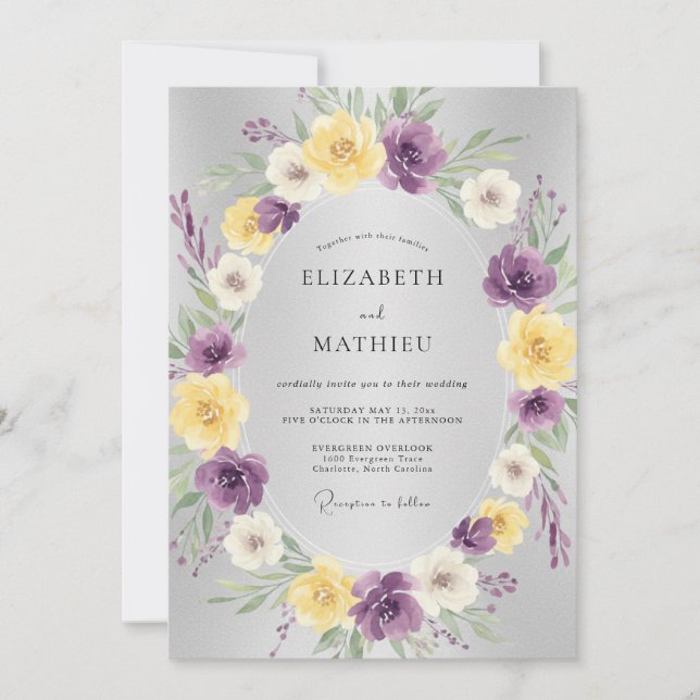 Purple Yellow Floral Botanical Wedding Invitation (Front)