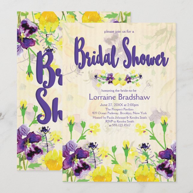 Purple & Yellow floral Bridal Shower Invitations (Front/Back)