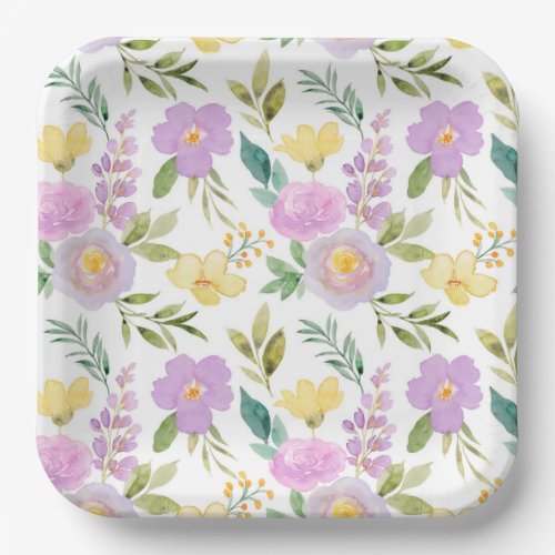 Purple Yellow Floral Flowers Birthday Party Shower Paper Plates