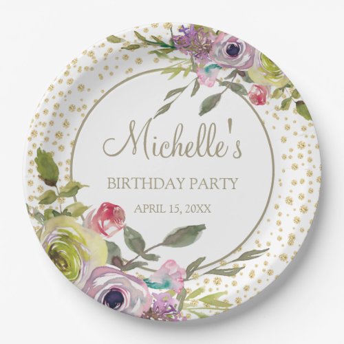 Purple Yellow Floral Gold Glitter Birthday Party Paper Plates