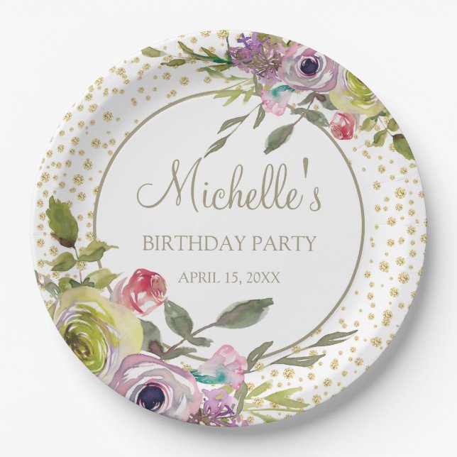 Purple Yellow Floral Gold Glitter Birthday Party Paper Plates (Front)