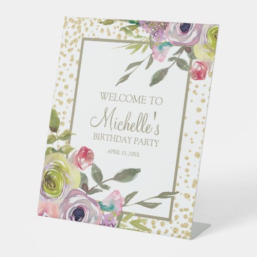 Purple Yellow Floral Gold Glitter Birthday Welcome Pedestal Sign