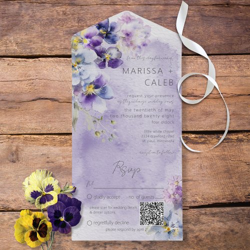 Purple  Yellow Floral Modern QR Code All In One Invitation