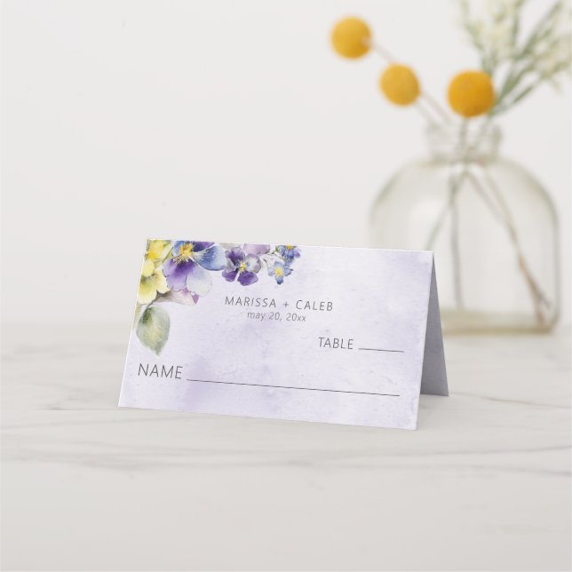 Purple & Yellow Floral Modern Wedding Folded Place Card (Front)