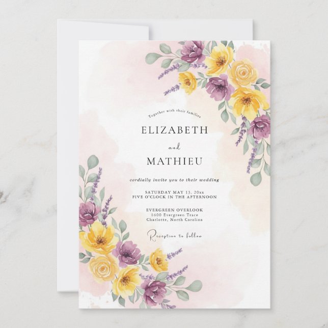 Purple Yellow Floral Romantic Wedding Invitation (Front)