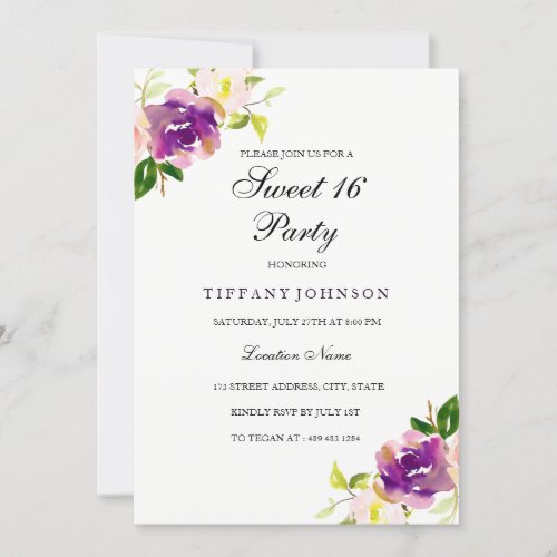 Purple Yellow Floral Sweet 16 Party Invitation