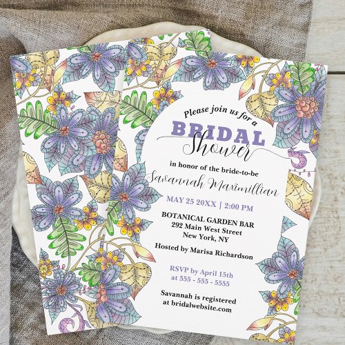 Purple Yellow Flowers and Leaves Bridal Shower Invitation