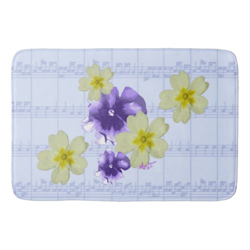 Purple  Yellow Flowers Blue Sheet Music Bath Mat