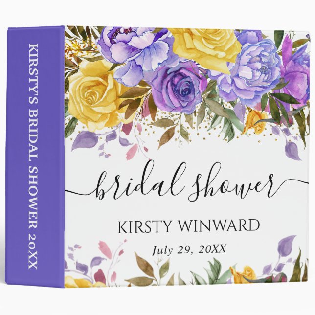 Purple Yellow Flowers Bridal Shower Photo Album 3 Ring Binder (Front/Spine)