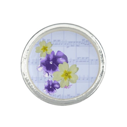Purple  Yellow Flowers Sheet Music Silver Ring