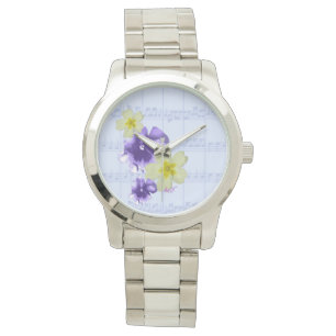 Purple & Yellow Flowers Sheet Music Silver Watch