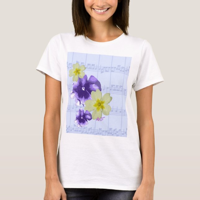 Purple&Yellow Flowers Sheet Music Spaghetti Straps T-Shirt (Front)