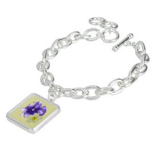 Purple&Yellow Flowers Silver Square Charm Bracelet