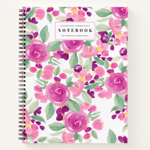 Purple yellow girly chic floral watercolor name notebook
