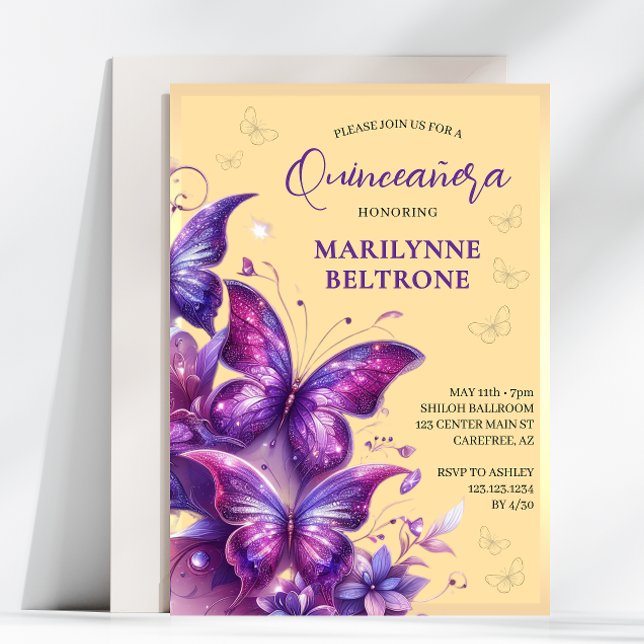 Purple Yellow Gold Butterfly Quinceañera Invitation (Creator Uploaded)