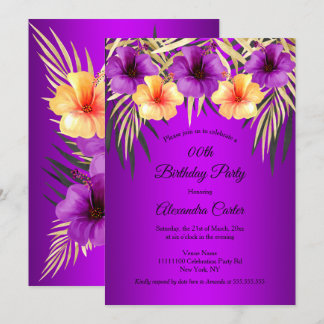 Purple Yellow Gold Palms Hibiscus Birthday Party Invitation